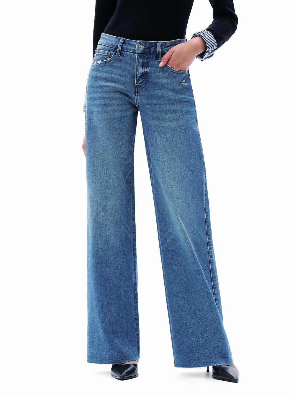 NWT- Oneso Viral TikTok Mid-Rise Wide Leg Raw Hem Blue Jeans Size 26